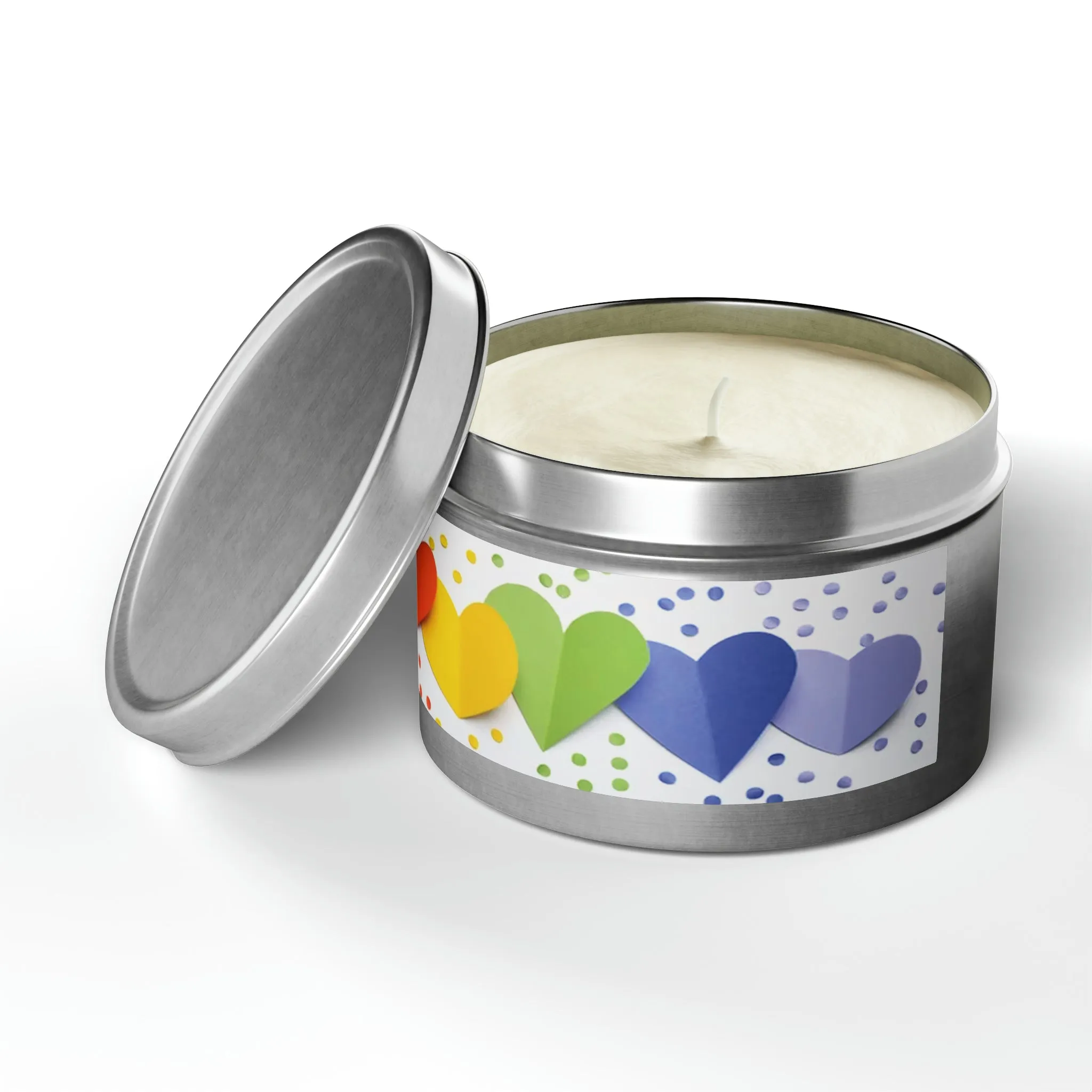 Gift Tin Scented Candle Rainbow Paper Hearts