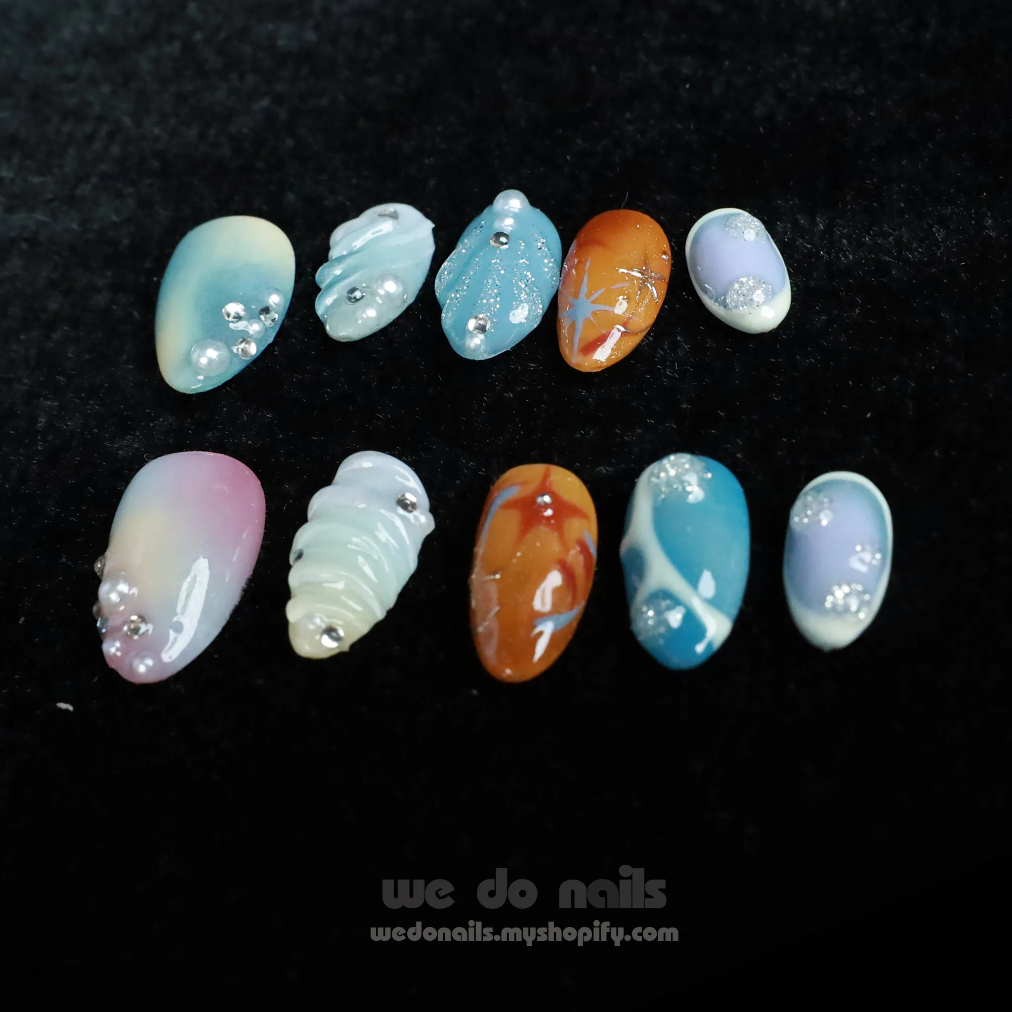 Ocean Breeze Custom Press On Nails| 3D | Colorful Shell nails |Extra Short Almond｜Handmade Nails, Reusable nails, Fake Nails,Gel Nails